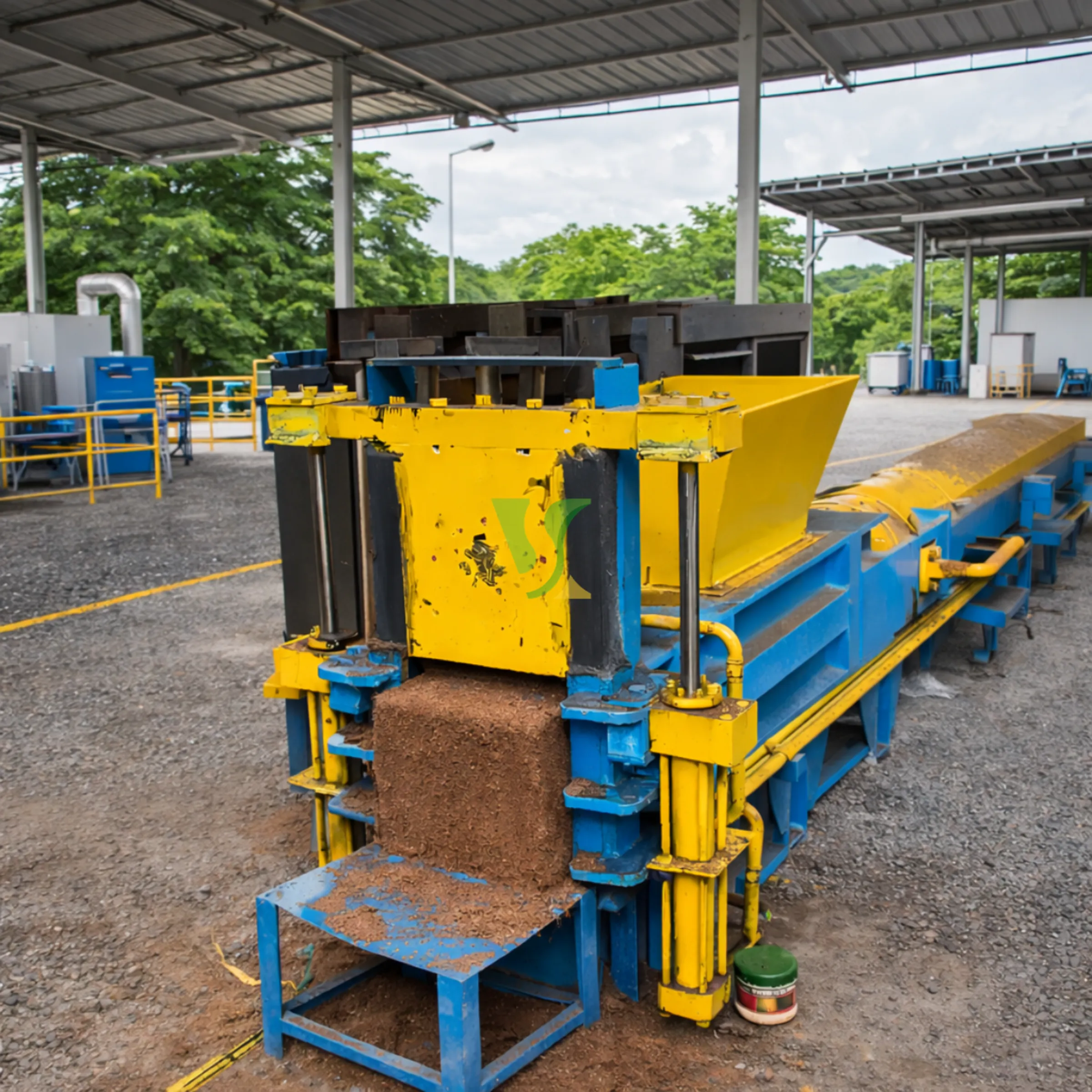 Hydraulic press compressing cocopeat into dense export blocks